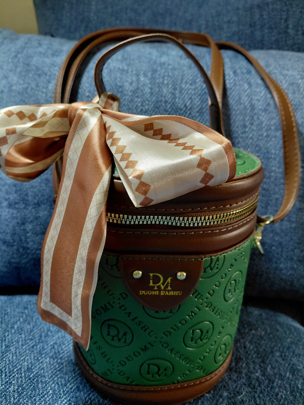 Duomi Daishu Green & Brown Cylinder Shoulder Bag with Scarf Accent
